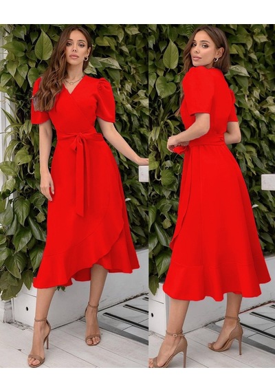 Tua Moda Kadın Kruvaze Yaka Midi Boy Kuşaklı Krep Elbise 120 Cm Kırmızı