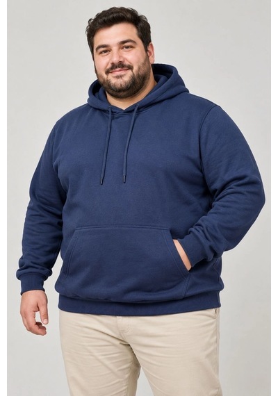 Ertaştrendstore Erkek Battal Büyük Beden Üç İplik İçi Şardonlu Kapüşonlu Kanguru Cepli Kışlık Sweatshirt - Lacivert Çok Renk