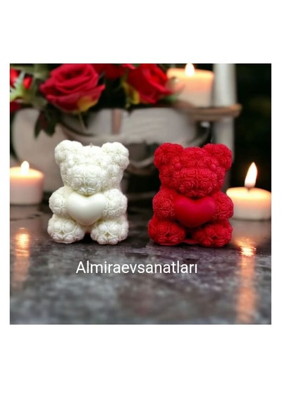 2 Li Ayıcıklı Mum Kırmızı