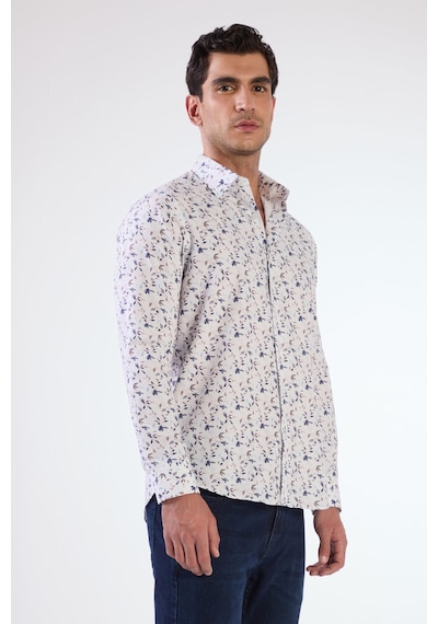 Dufy Mavi Erkek Slim Fit Çiçek Desenli Brent Yaka Uzun Kol Gömlek - 104790 Mavi