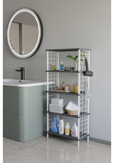 5 Katlı Çevir Kur Beyaz Metal Telli Banyo Rafı Çok Amaçlı Düzenleyici, Organizer Stand Banyo Dolabı Antrasit