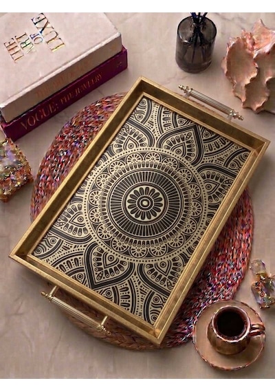 Mandala Desenli Dekoratif Tepsi Gold Çerçeveli Kulplu Çay Kahve & Sunum Tepsisi