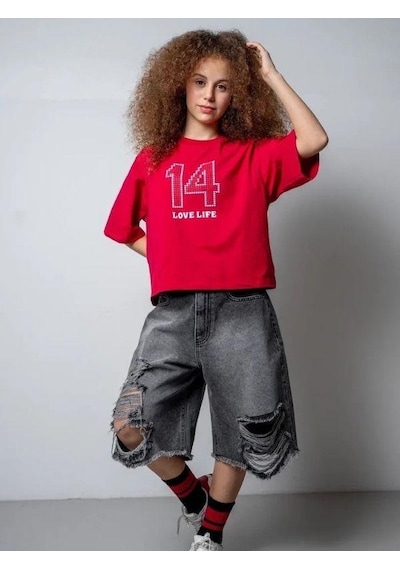 Zekids Kız Çocuk 14 Lıfe Yazılı Pamuklu Tshirt-15795 Kırmızı