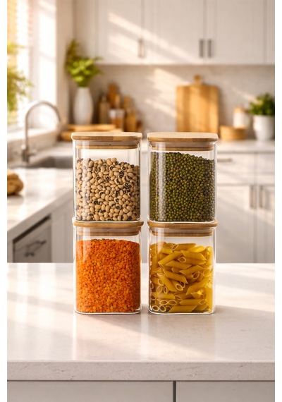 Porsima 6-4 Bambu Vakumlu Kapaklı Kare Borsilikat Cam 8li Kavanoz Seti Saklama Kabı 1250ml 9,5x15cm