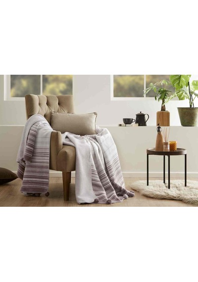 Battaniye Pamuk Stripe Ponponlu Tek Kişilik Lila Çok Renkli
