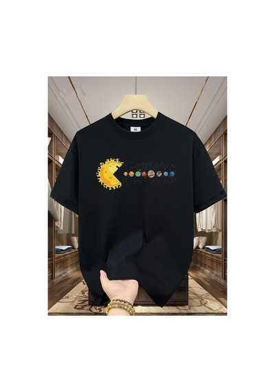 Caddemia Yaz Moda Rahat Gevşek Güneş Sistemi Gezegenler Baskı Spor Yuvarlak Boyun K Siyah 2XL