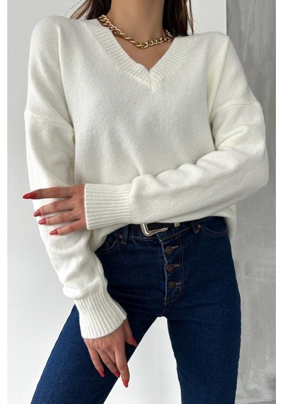Femelle Kadın V Yaka Standart Beden Oversize Basic Triko Kazak Beyaz