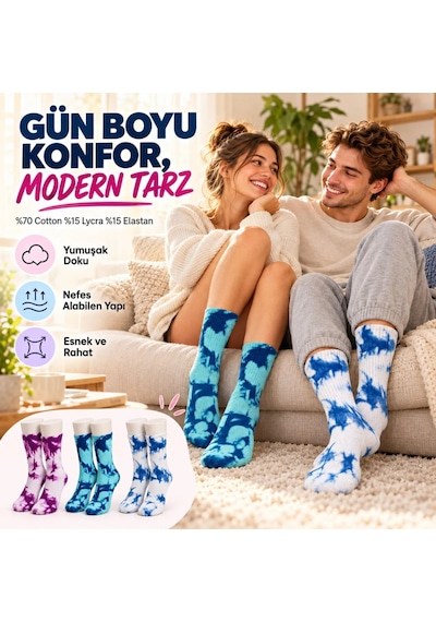 Bezos Unisex Batik Desenli Çorap 3'lü Set Pamuklu Renkli Uzun Soket Dikişsiz Nefes Alan Spor Çorabı Günlük Erdotıca Çok  Renkli
