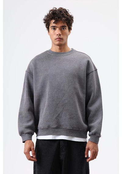 Vamos Basic Oversize Yıkamalı Sweatshirt Füme