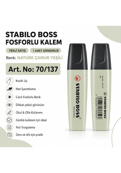 Boss Fosforlu Kalem 1 Adet Metin İşaretleme Kalemi Çamur Yeşili