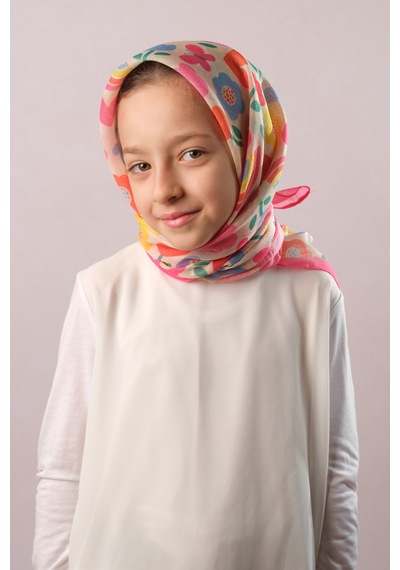 Hürrem Bone Pembe Dijital Baskılı Çocuk Tesettür Eşarp Pamuk Polyester Çiçek Desenli 6003 04 Pembe