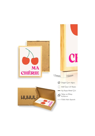 Doğal Ahşap Çerçeveli Retro Kiraz Ma Chérie Tablo - Pembe Tonlar Huhu2408