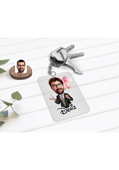 Kişiye Özel Erkek Doğum Günü Karikatürlü Şeffaf Pleksi Anahtarlık N11.249