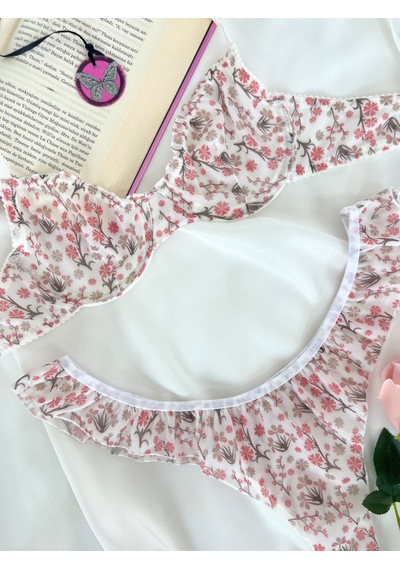 Arinda Butterfly Ekru Tül Çiçek Desenli Balenli Kapsız Fırfırlı Bralette Sütyen Tanga İç Çamaşırı Takımı Alt Üst 2 Parça