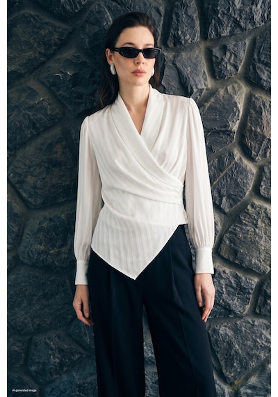 Sateen Çizgi Desenli Kruvaze Bluz - Ekru-137865