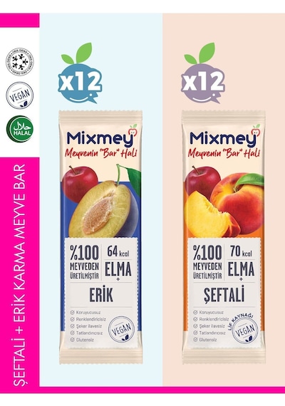 Mixmey Şeftali Erik Karma Meyve Barı 24 Adet | Atıştırmalıklar – Vegan, Glutensiz (20GR X 24 ADET)