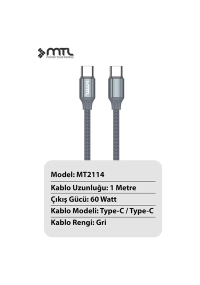 60w Pd Type-c To Type-c Silikon Hızlı Şarj Ve Data Kablosu 1 Metre Gri Mt2114