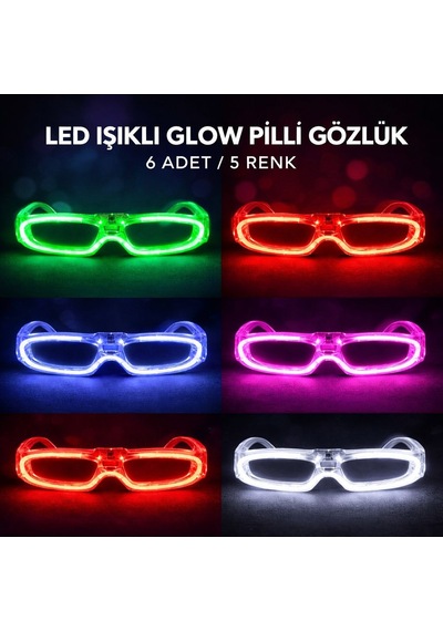 Led Işıklı Glow Pilli Parti Gözlüğü - Glow Efektli 6 Adet 5 Renk Yetişkin