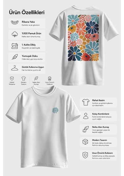Spoyi Colorful Daisy Tasarımlı %100 Pamuk Yarım Oversize Beyaz T-shirt
