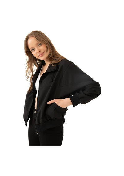 Spor Kadın Dik Yaka Su Ve Rüzgar Geçirmez Oversize Crop Mevsimlik Yağmurluk Rüzgarlık-133 Siyah