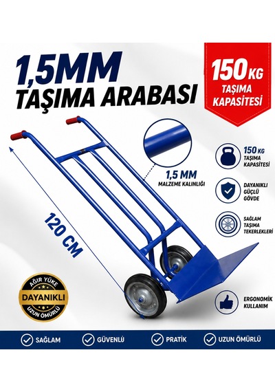 1,5 Mm Kalın Profilli Koli Taşıma Arabası 120 Cm Boy 150 Kg Kapasiteli Ağır Hizmet El Arabası