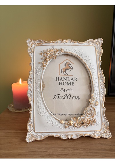 Güllü Barok Dikdörtgen Fotoğraf Çerçevesi Beyaz & Eskitme Altın 15x20 Cm