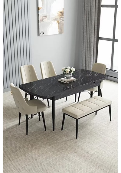 Loft Siyah Mermer 80x132 Açılabilir Mdf Masa Yemek Odası Takımı, Mutfak Takımı 4 Sandalye, 1 Bench Krem Loft Siyah Mermer 80x132 Açılabilir Mdf Masa Yemek Odası Takımı, Mutfak Takımı 4 Sandalye, 1 Bench Krem