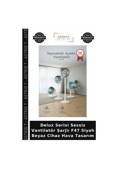 Delux Serisi Sessiz Vantilatör Şarjlı F47 Siyah Beyaz Cihaz Hava Tasarım