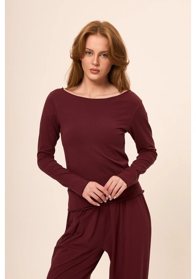 Zoor Ultra Soft Penye Modal Kayık Yaka Bluz Bordo