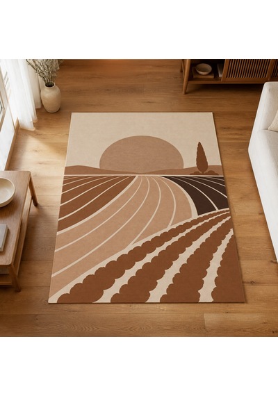 Kartela Halı Güneş Tarlası Manzaralı Modern Halı Bakır Kaymaz Taban Makinede Yıkanabilir 180x270 Cm