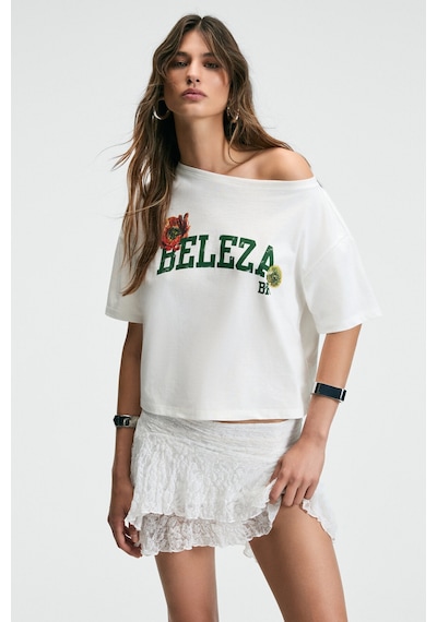 Grımelange QALY Kadın Kayık Yaka Tek Omuz Kısa Kol Ön Ve Arka Baskı Detaylı Relaxed Ekru T-Shirt Grımelange QALY Kadın Kayık Yaka Tek Omuz Kısa Kol Ön Ve Arka Baskı Detaylı Relaxed Ekru T-Shirt