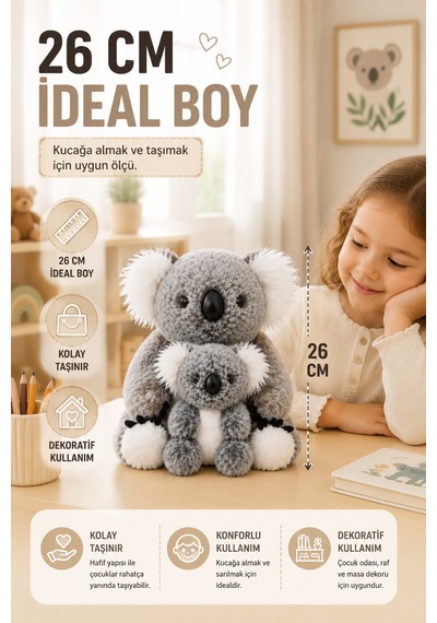 26 Cm Gri Anne Ve Yavru Koala Peluş Oyuncak Yumuşak Dekoratif Çocuk Odası Uyku Arkadaşı
