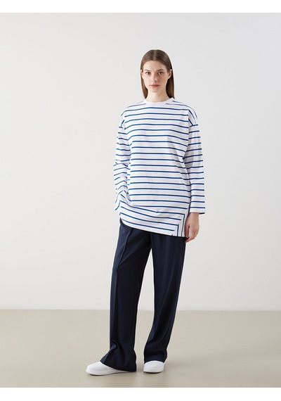 Lcw Modest Mavi Bisiklet Yaka Çizgili Kadın Sweatshirt Tunik