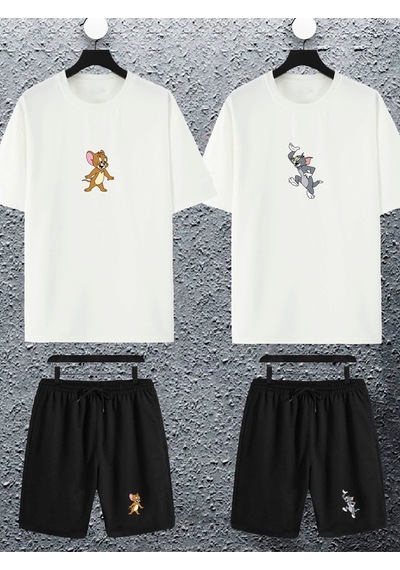 Unisex Kadın Erkek Sevimli Tom Ve Jerry Baskılı Sevgili Çift Kombini Tasarım Oversize Tshirt Ve Şort Beyaz Mck2454 Beyaz