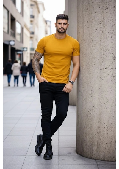 Novalisse Erkek Body Tişört Bisiklet Yaka Slim Fit Likralı T-shirt - Limon Çoklu Renk