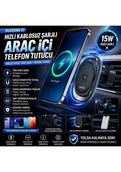 Hızlı Şarj Destekli Kablosuz Araç İçi Telefon Tutucu Havalandırmaya Takılan Araç İçi Kablosuz Şarj Tutucu