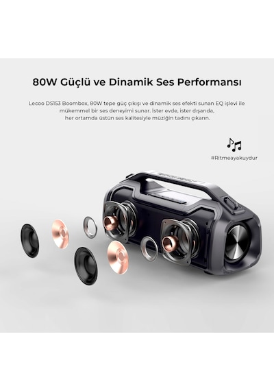 Lecoo DS153 Bluetooth 5.0 80W IPX5 Su Geçirmez RGB TWS Taşınabilir Hoparlör Siyah