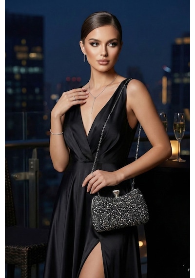 Vivazzaluxe Kristal Taşlı Kadın Abiye, Clutch Çanta Antrasit