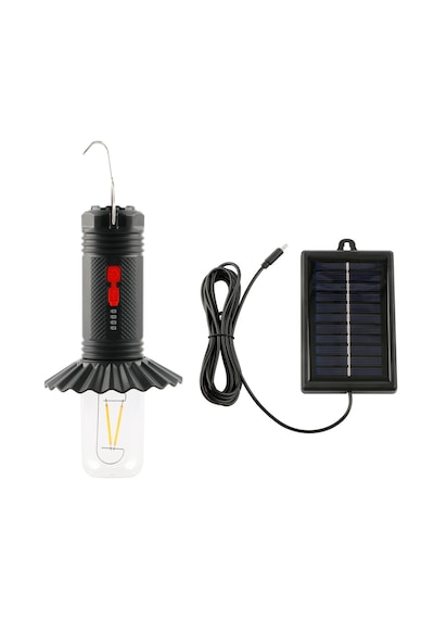 Solar Panelli Şarj Edilebilir Günışığı Kamp Feneri - Askı Aparatlı Güçlü Led Beyaz El Feneri Siyah