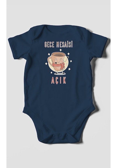 Gece Mesaisi Açık Baskılı Bebek Zıbını Çıtçıtlı Body %100 Pamuk Kısa Kol Lacivert
