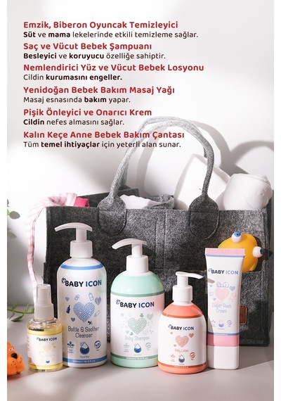 Baby İcon Hoşgeldin Anne Bebek Keçe Organize Bakım Çantası Seti Gri