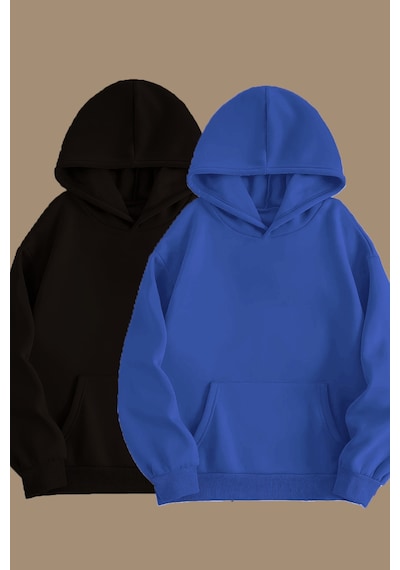 Blackjack Giyim Unisex Gri Siyah 2'li Kapüşonlu Oversize Sweatshirt Hoodie Siyah-saks