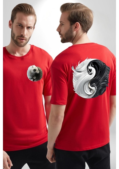 Siyah Beyaz Ying Yang Kırmızı Oversize Unisex Ön Ve Sırt Baskılı Tişört Kırmızı