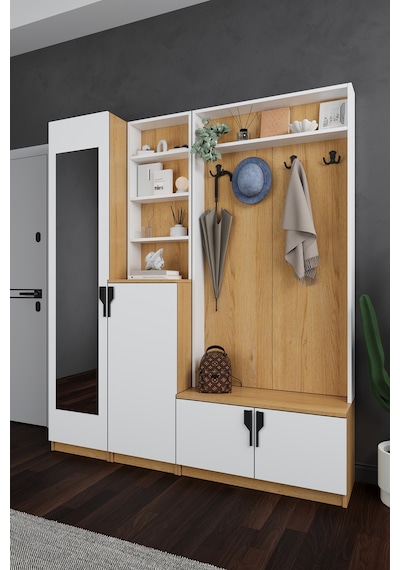 Lüks Aynalı Portmanto Askılı Vestiyer %100 Mdf Çok Raflı Ayakkabılık V03 Beyaz - Karına Lüks Aynalı Portmanto Askılı Vestiyer %100 Mdf Çok Raflı Ayakkabılık V03 Beyaz - Karına