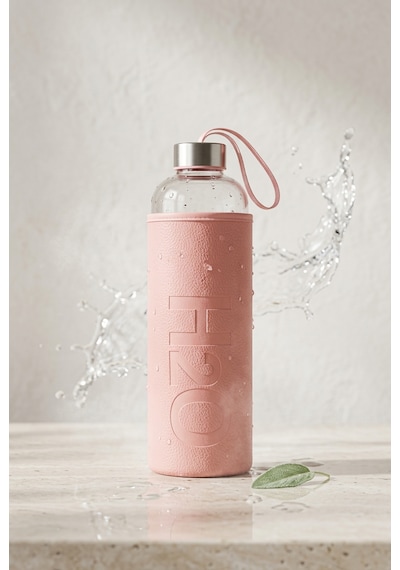 H2o Sağlıklı Cam Matara 1000 Ml Su Şişesi, Deri Kılıflı 1 Lt Sporcu Suluğu Pembe