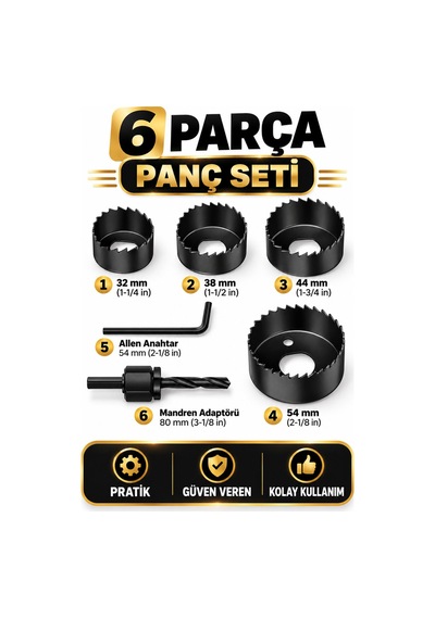 6 Parça Ahşap Panç Seti 32-54 Mm Matkap Uyumlu