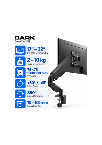 Vm18 1 Adet Monitör Takılabilen 13"-32" Uyumlu Amortisörlü, Masa Monte Monitör Kolu Dk-ac-vm18