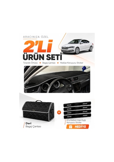 Skoda Super-b 2015-2021 Uyumlu Torpido Örtüsü + Deri Bagaj Çantası + Sticker Seti - Siyah Gri