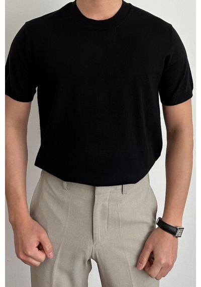 Cool Tarz Erkek Siyah Slim Fit Bisiklet Yaka Triko T-shirt Siyah Siyah