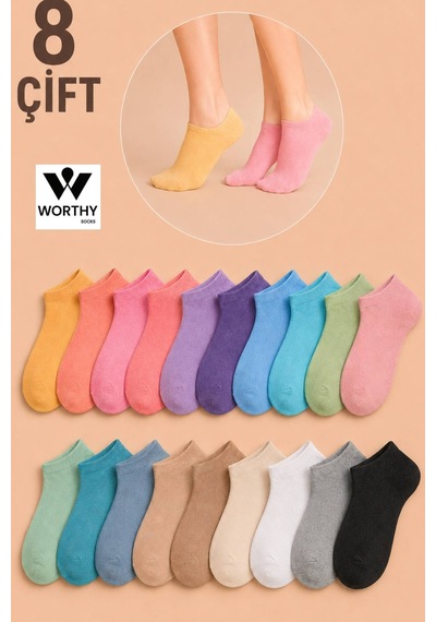 Worthy Socks 8 Çift Ekonomik Karışık Renk Kadın Patik Çorap 8'li Paket Canlı Renkler